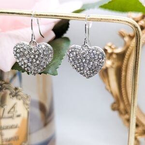 Sparkly Pave Crystal Heart Dangle Earrings Romantic Silver Drop